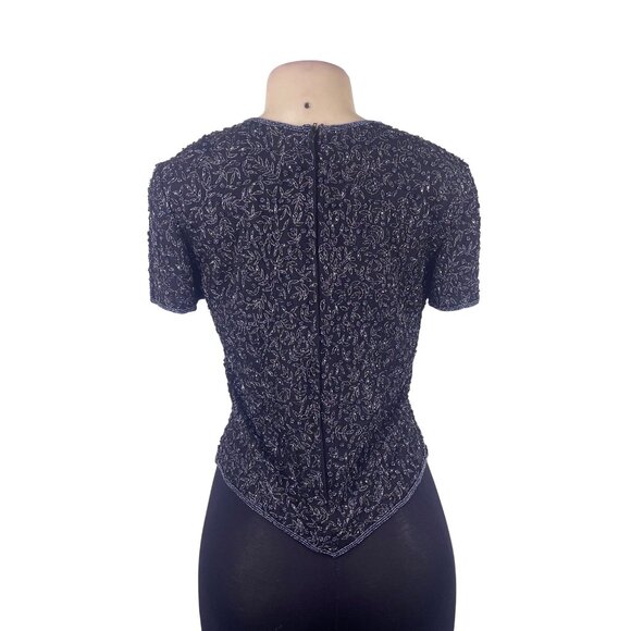 Papell Boutique Womens Black 100% Silk Beaded Embellished Evening Top Size S - Picture 4 of 9